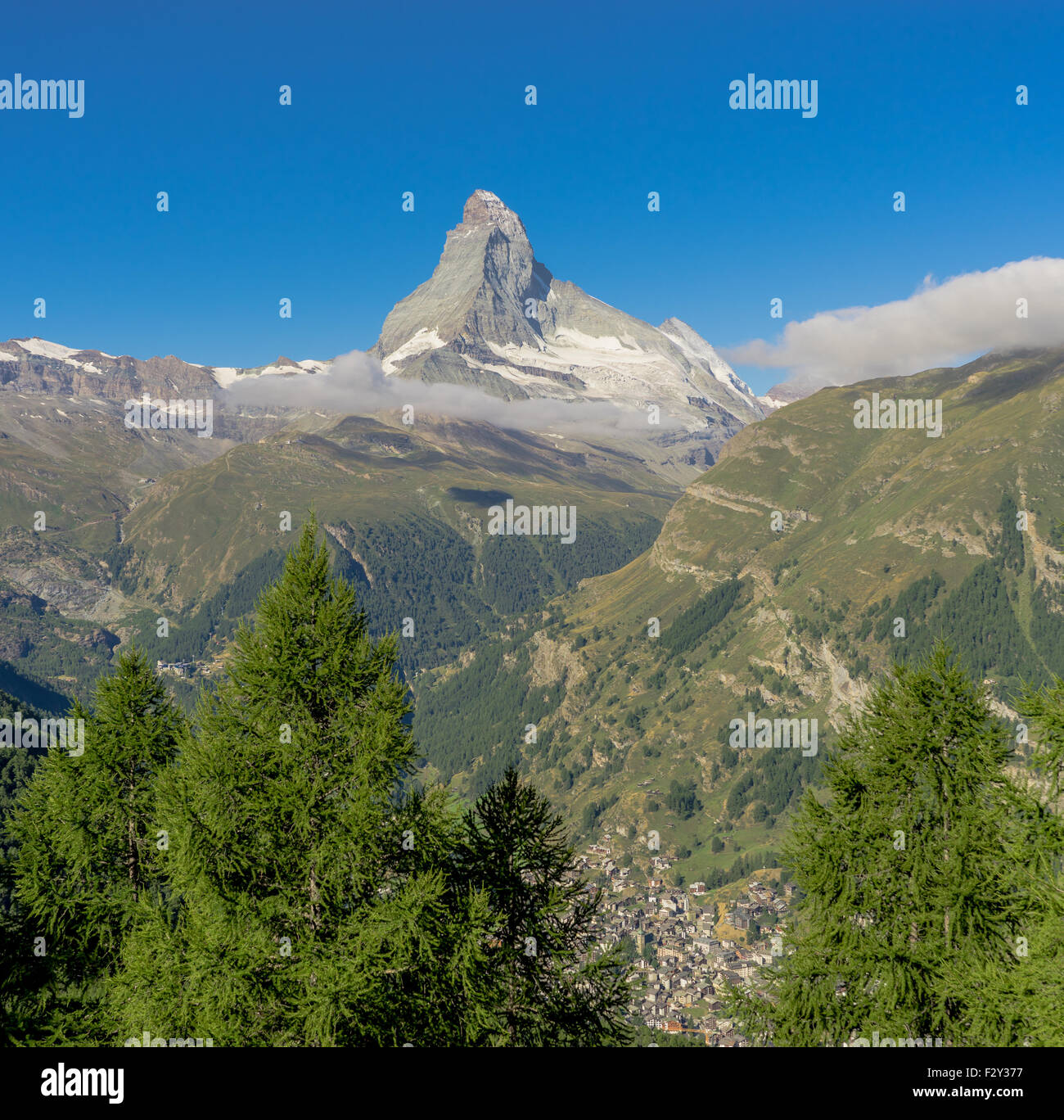 Monte Cervino telai su Zermatt e alberi alpino, Svizzera. Foto Stock