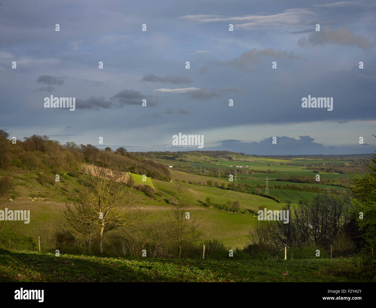 North Downs nel Kent, visto da Thurnham Castello. Paesaggio di Chalk e delicatamente colline arrotondate. Foto Stock