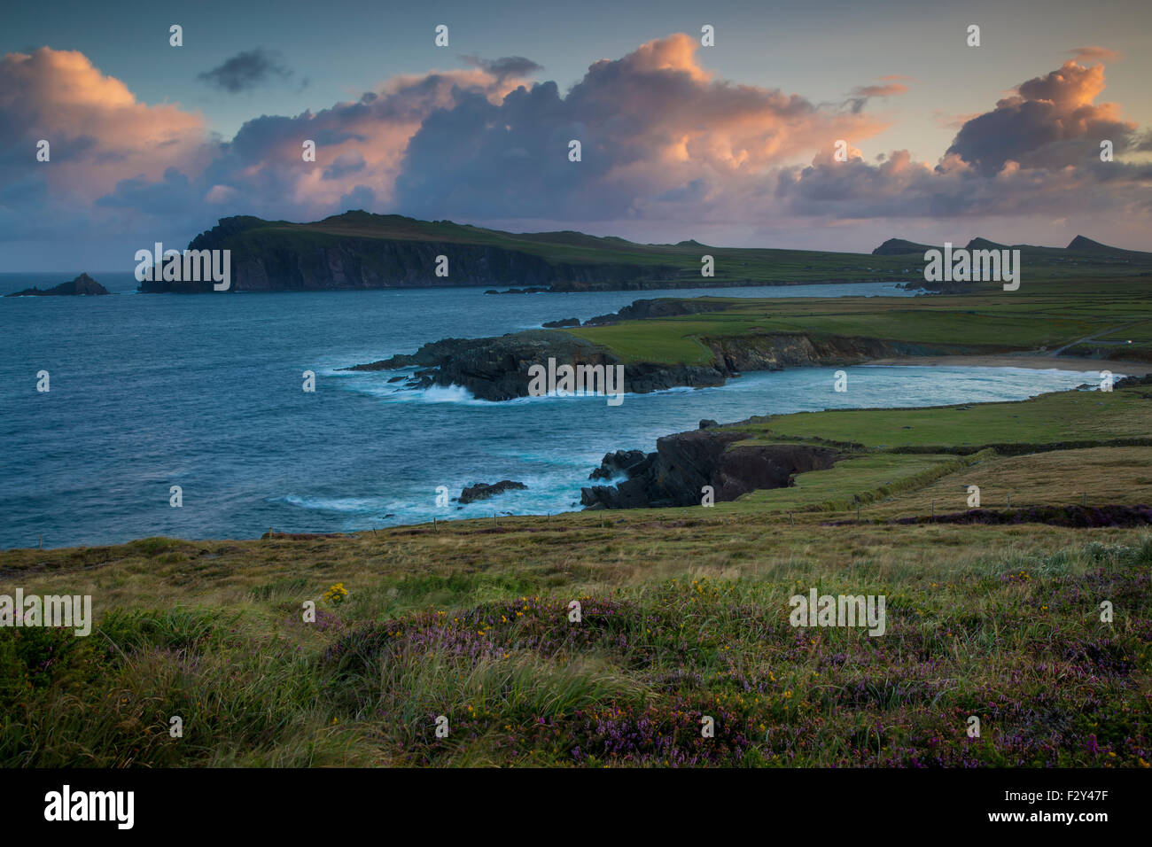 Alba vista sulla baia di Ballyferriter, Sybil punto e i picchi delle Tre Sorelle, penisola di Dingle, nella contea di Kerry, Irlanda. Foto Stock