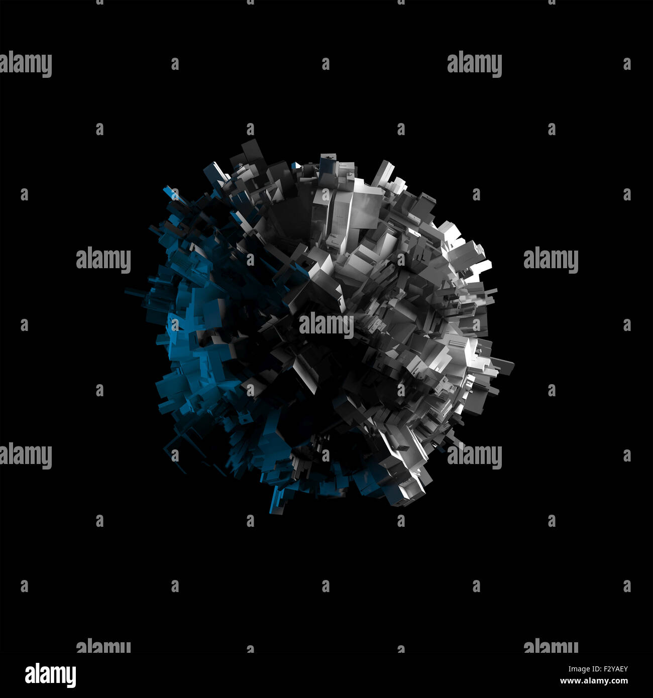 Abstract battenti oggetto sferico con caotica superficie estrusa isolato sul nero, 3d illustrazione Foto Stock