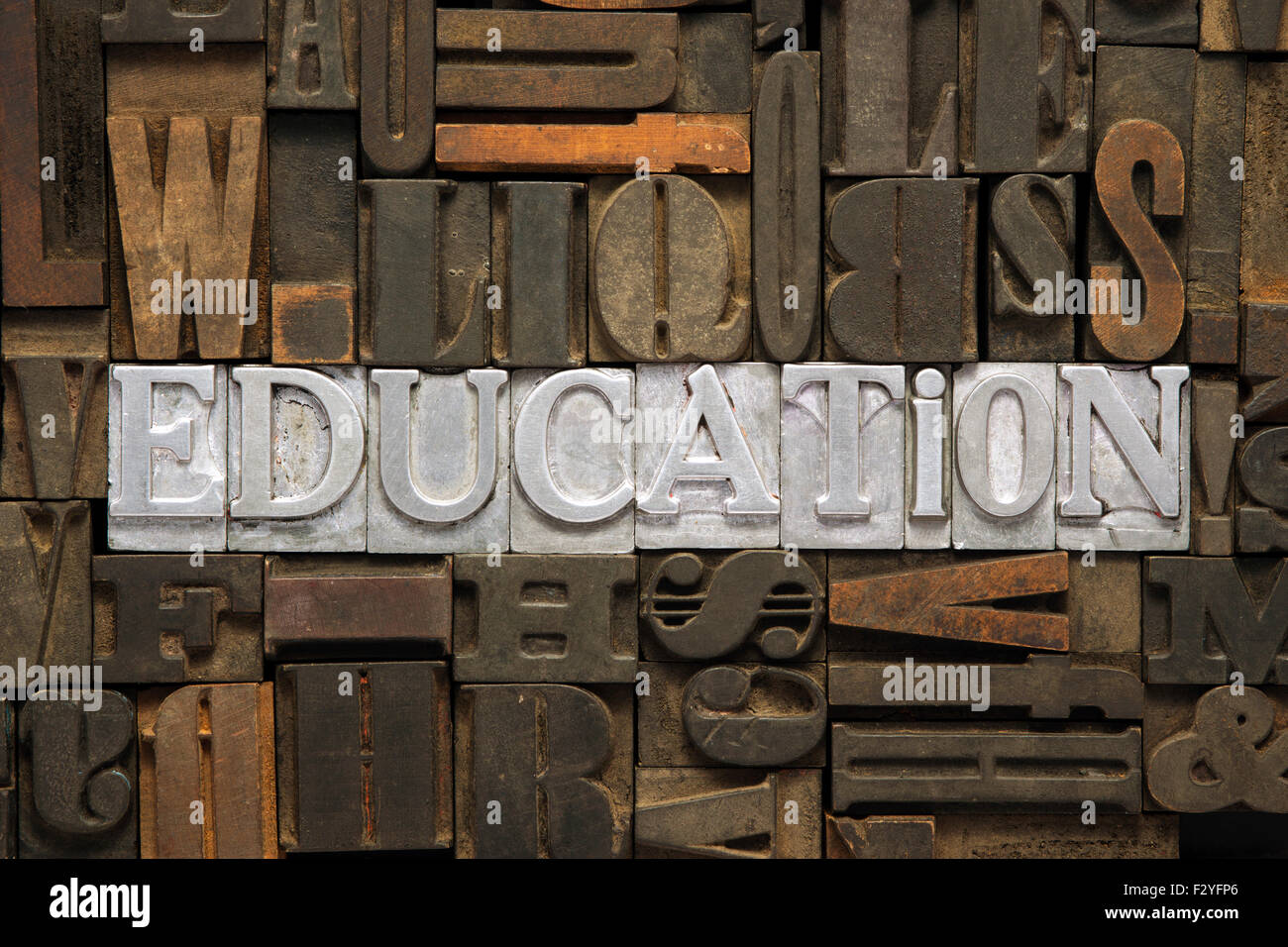 Istruzione parola fatta dalla stampa tipografica metallici isolati in un misto di lettere in legno Foto Stock