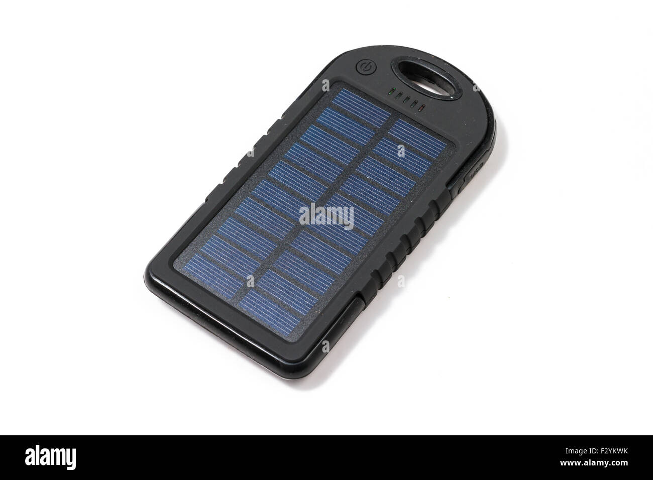 Portable Caricabatteria solare per smart phone. Banca di potenza isolati su bianco. Foto Stock