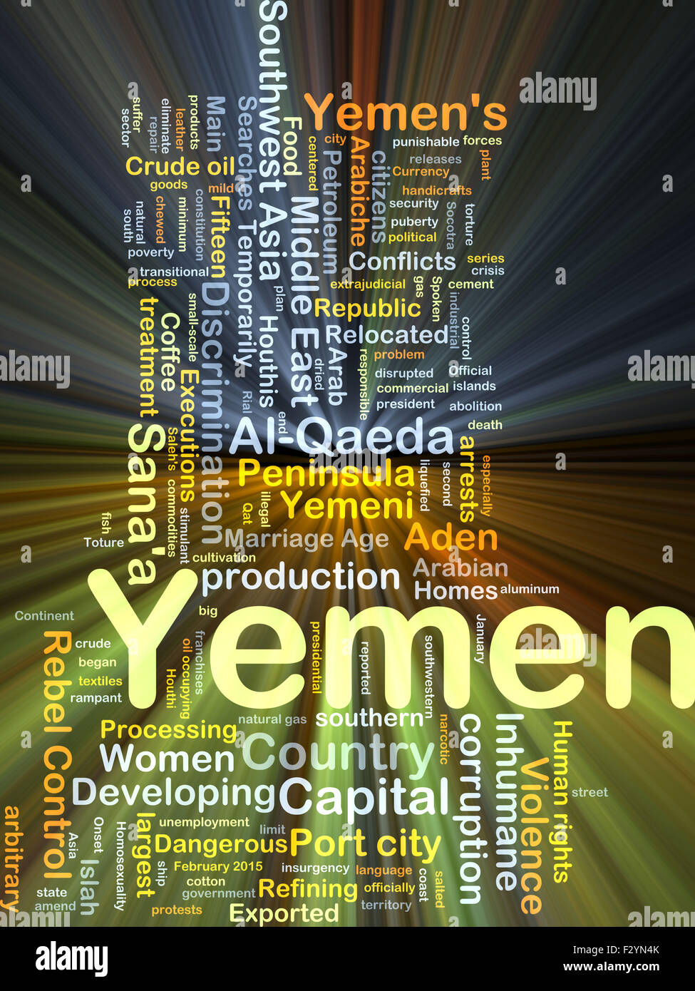 Concetto di sfondo wordcloud illustrazione dello Yemen luce incandescente Foto Stock