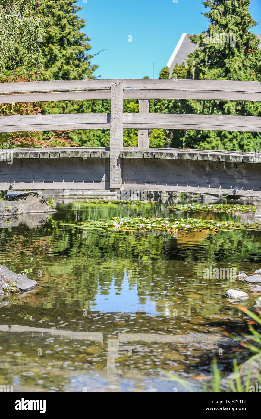 Fotografia scattata in una giornata d'estate del ponte in legno sul koi pond nei giardini Kasugai, Kelowna Foto Stock