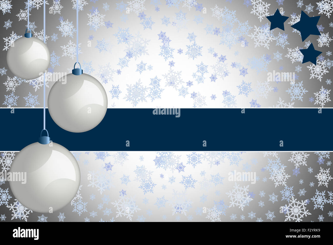 Natale biglietto di auguri. Colore argento Natale carta con retro bianco baubles e il simbolo del fiocco di neve sullo sfondo. Foto Stock