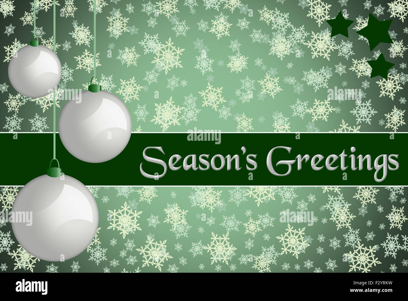 Natale biglietto di auguri. 'Season Saluti dell' colorato verde Natale carta con retro bianco baubles e il simbolo del fiocco di neve sullo sfondo. Foto Stock