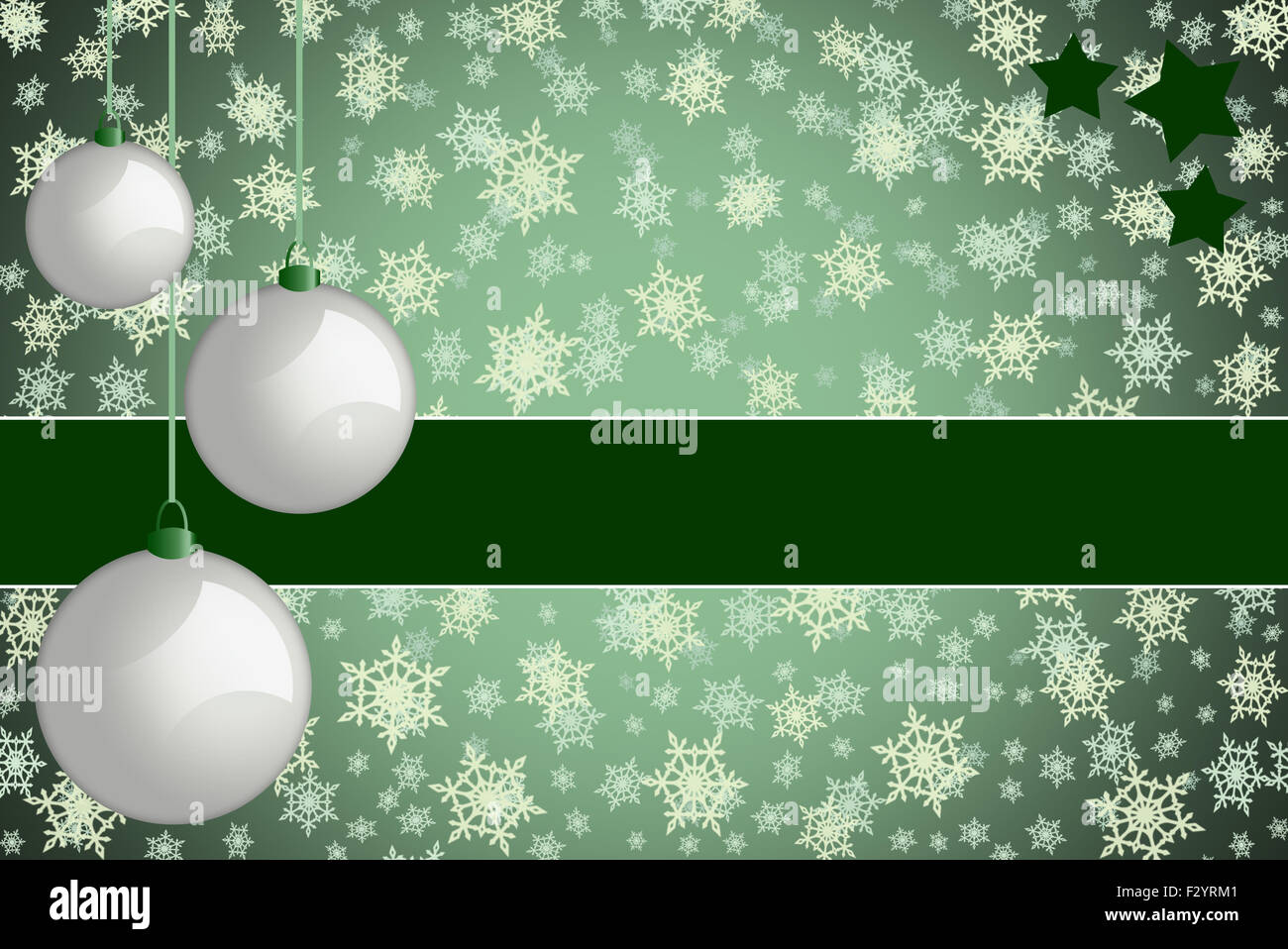 Natale biglietto di auguri. Colore verde Natale carta con retro bianco baubles e il simbolo del fiocco di neve sullo sfondo. Foto Stock