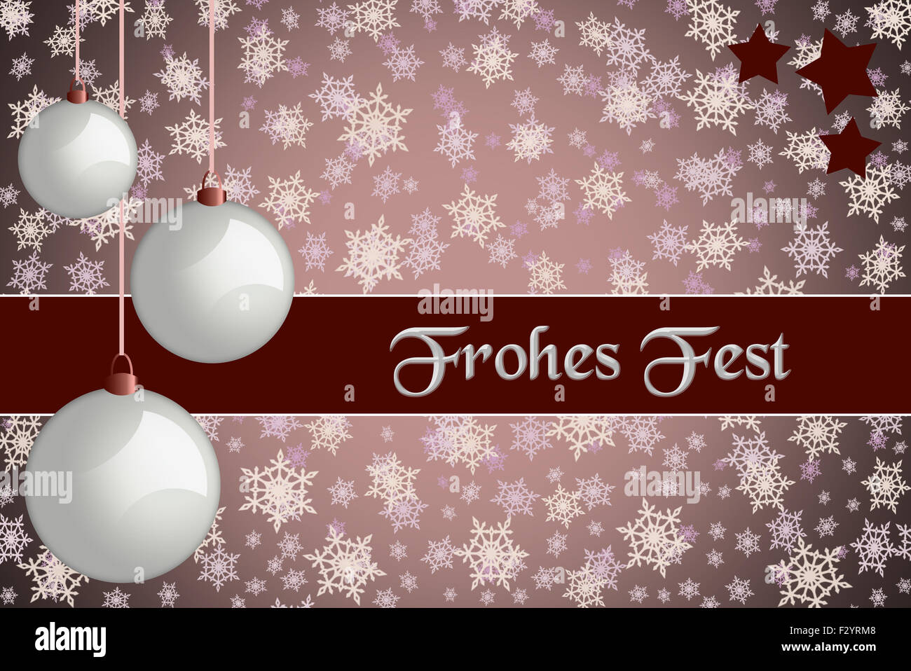 Natale biglietto di auguri. "Frohes Fest' colorato di rosso Natale carta con retro bianco baubles e il simbolo del fiocco di neve sullo sfondo. Foto Stock