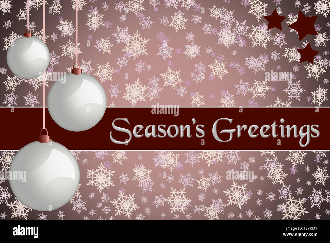 Natale biglietto di auguri. 'Season Saluti dell' colorato di rosso Natale carta con retro bianco baubles e il simbolo del fiocco di neve sullo sfondo. Foto Stock