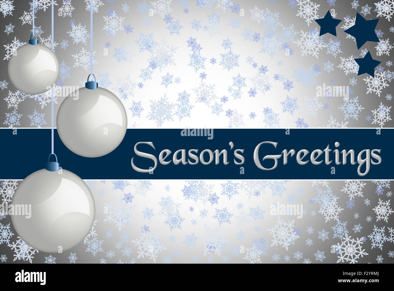 Natale biglietto di auguri. 'Season Saluti dell' color argento di Natale carta con retro bianco baubles e il simbolo del fiocco di neve sullo sfondo. Foto Stock