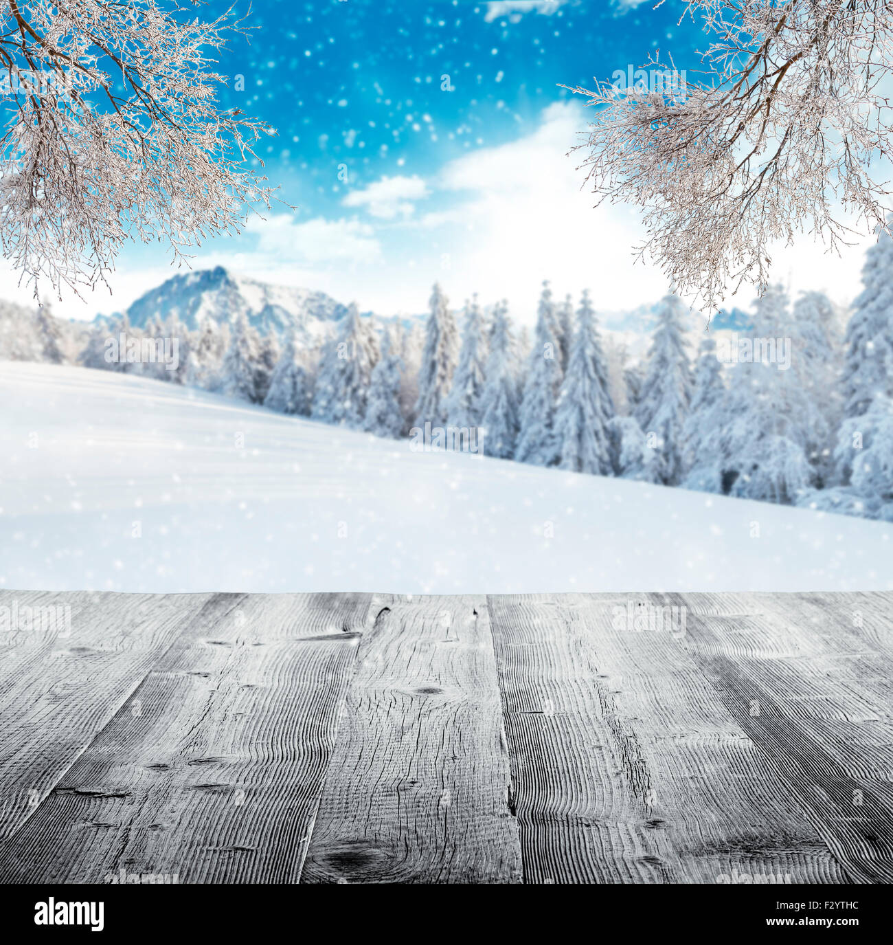 Paesaggio invernale con doghe in legno Foto Stock