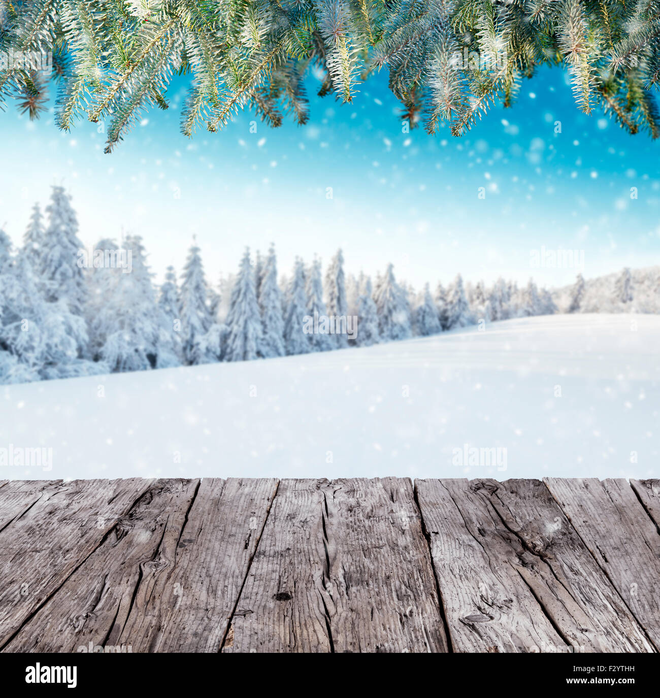 Paesaggio invernale con doghe in legno Foto Stock