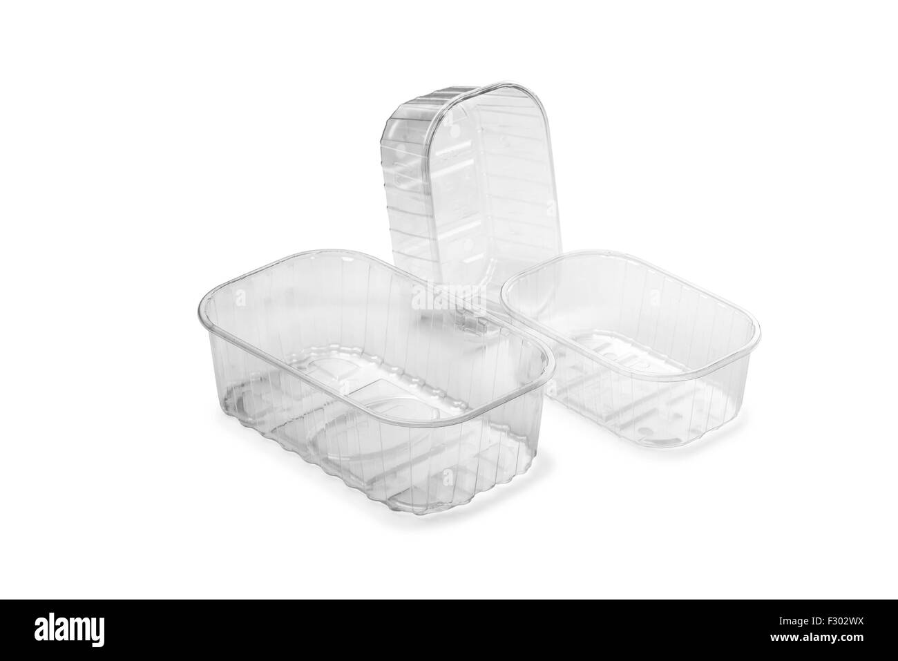 Poco trasparente cassa in plastica isolato su sfondo bianco Foto Stock