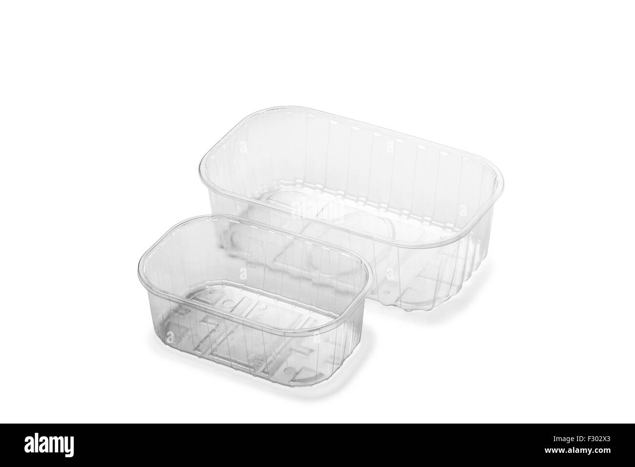 Poco trasparente cassa in plastica isolato su sfondo bianco Foto Stock