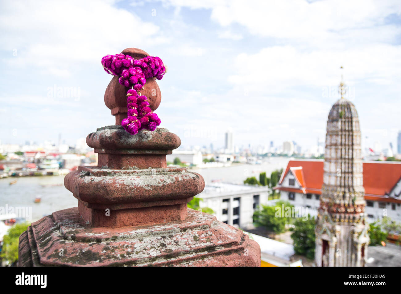 Amaranto a globo o corso di laurea pulsante sul Wat Arun tempio di Bangkok, Tailandia Foto Stock