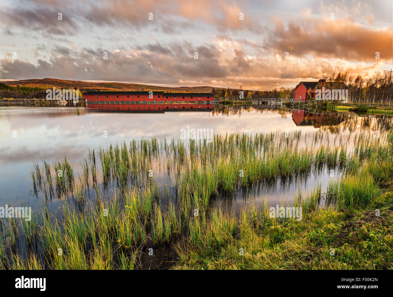 Iconico ponte in legno sul lago Narsjoen nella contea di Hedmark, Norvegia al tramonto Foto Stock