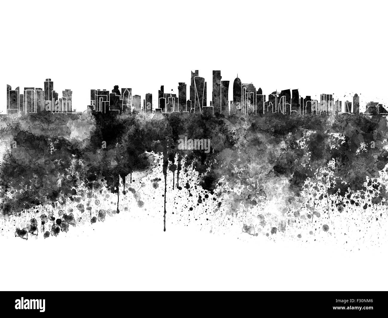 Lo skyline di Doha in nero acquerello Foto Stock