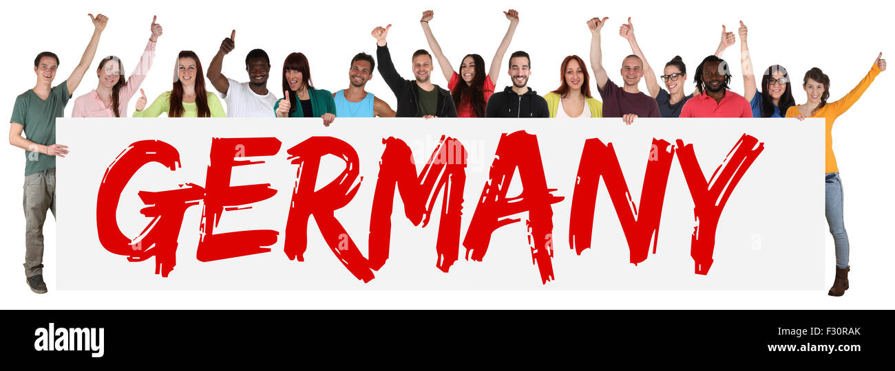 Germania segno del gruppo di giovani multi etnico persone azienda banner isolato Foto Stock