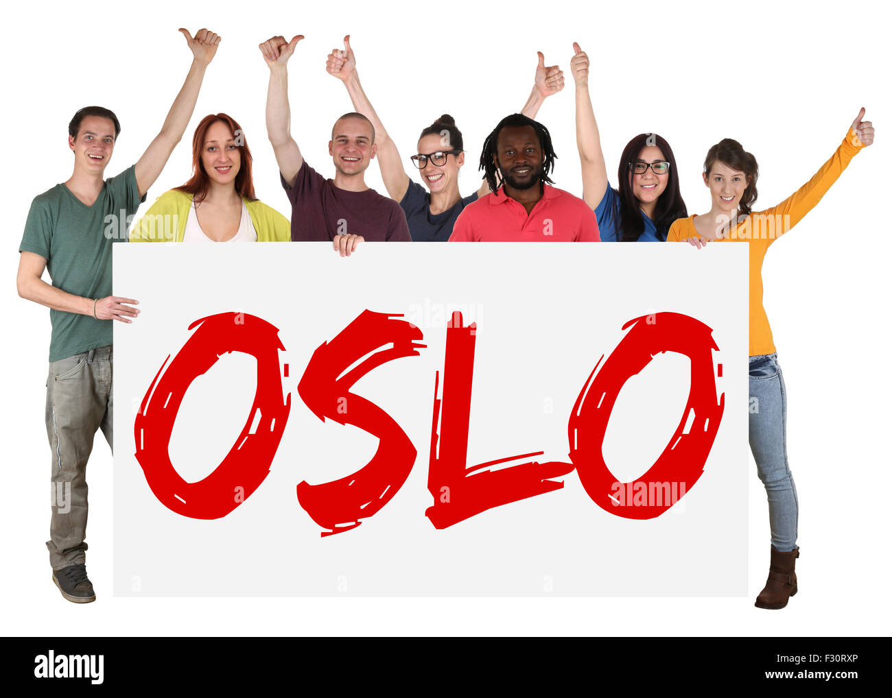 Oslo gruppo di giovani multi etnico persone azienda banner isolato Foto Stock