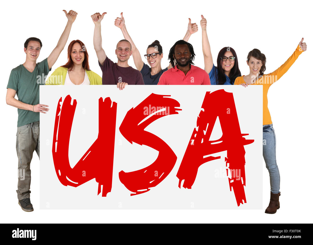 USA L'immigrazione gruppo di giovani multi etnico persone azienda banner isolato Foto Stock