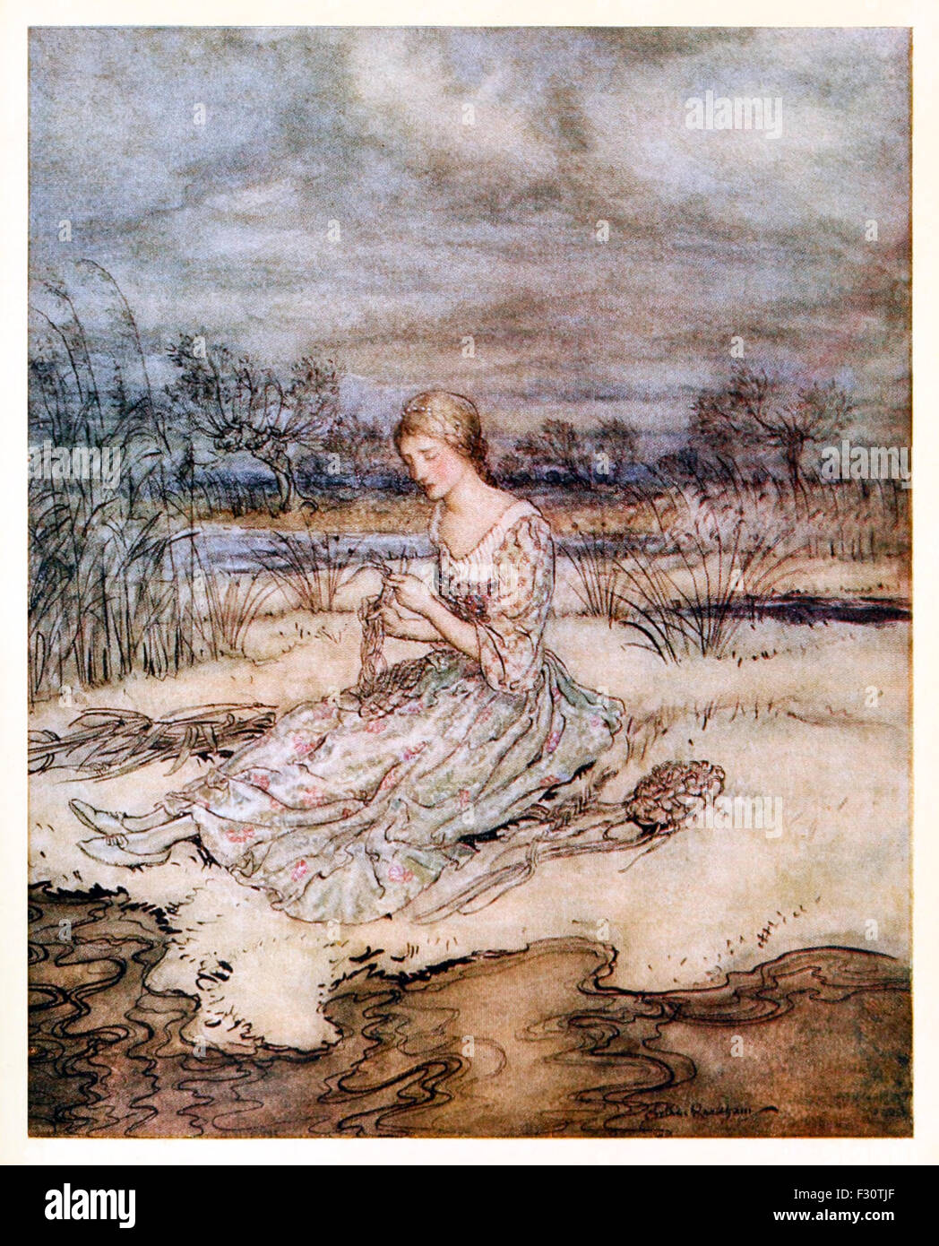 "Egli sedette e intrecciati di se stessa una complessiva di giunchi e un cappuccio di corrispondenza.' da ' Caporushes' in 'Inglese Favole", illustrazione di Arthur Rackham (1867-1939). Vedere la descrizione per maggiori informazioni. Foto Stock