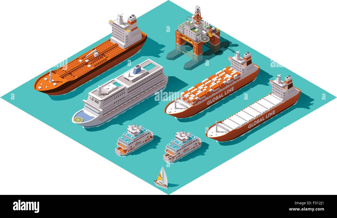 Isometrica del vettore di navi e oil rig Illustrazione Vettoriale
