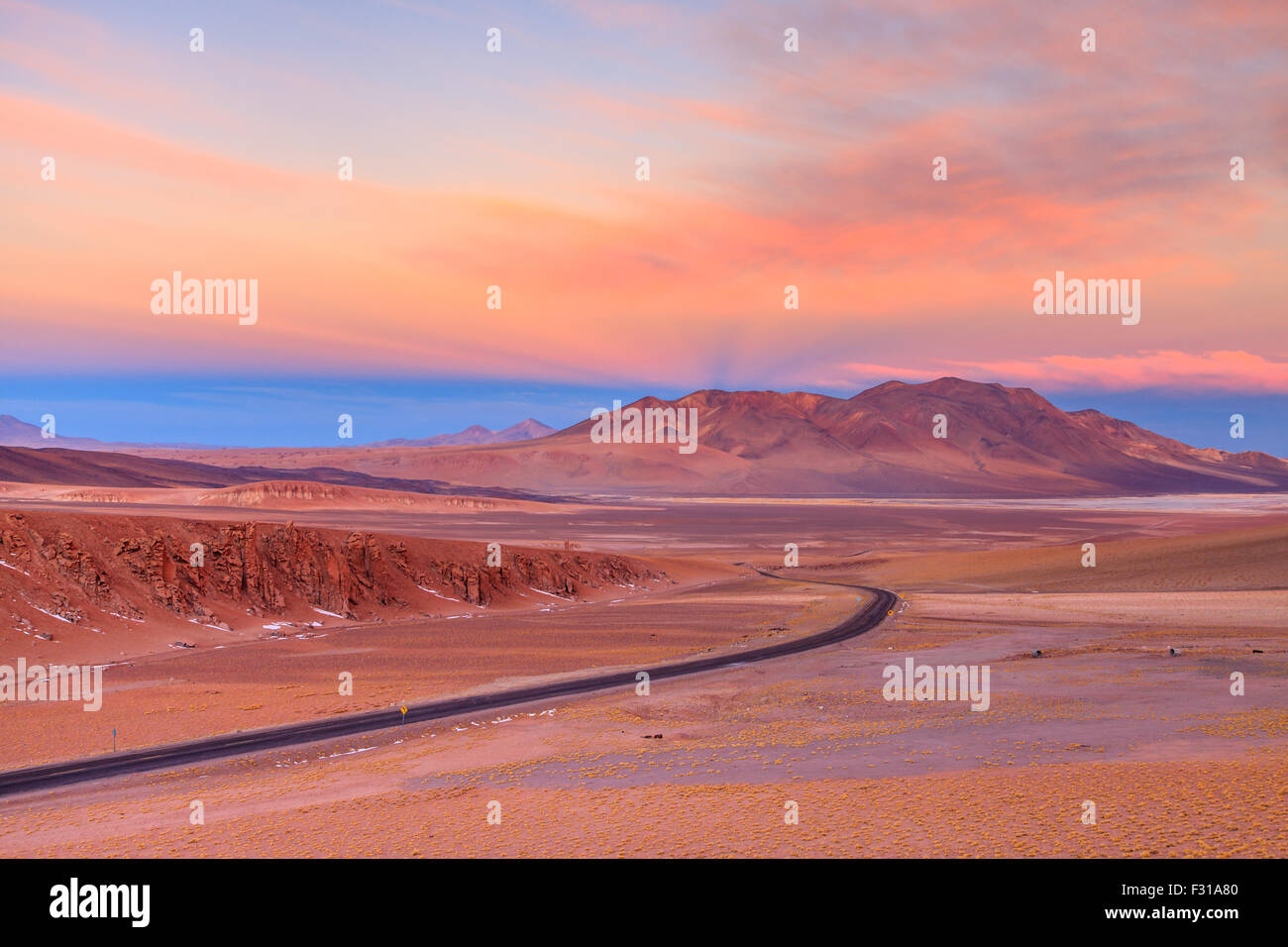 Vista di Salar de Tara al tramonto (riserva nazionale di Los Flamencos, Atacama, Cile) Foto Stock