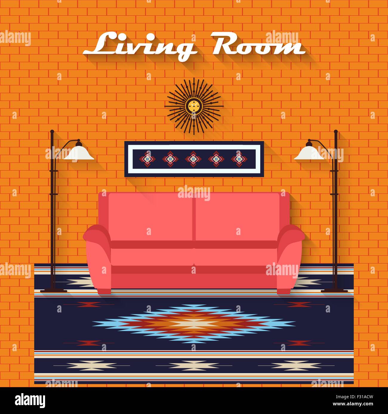 Soggiorno con divano e lunghe ombre. Appartamento Loft stile etnico v Illustrazione Vettoriale