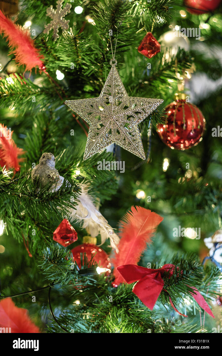Silver star ornamento su un albero di natale di close-up Foto Stock