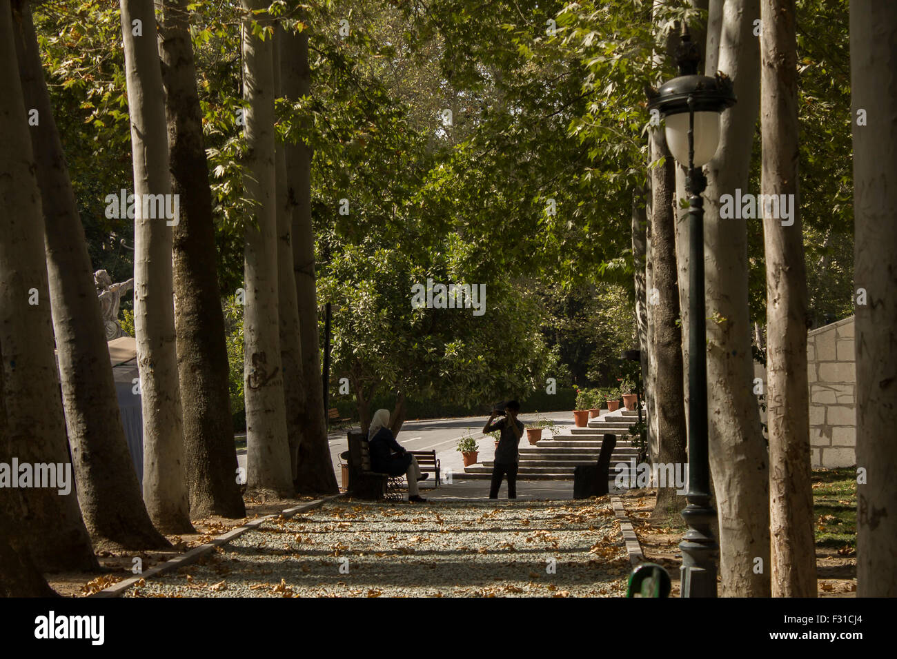 Coppia iraniano in autunno di Sa'dabad palace a Tehran, Iran Foto Stock