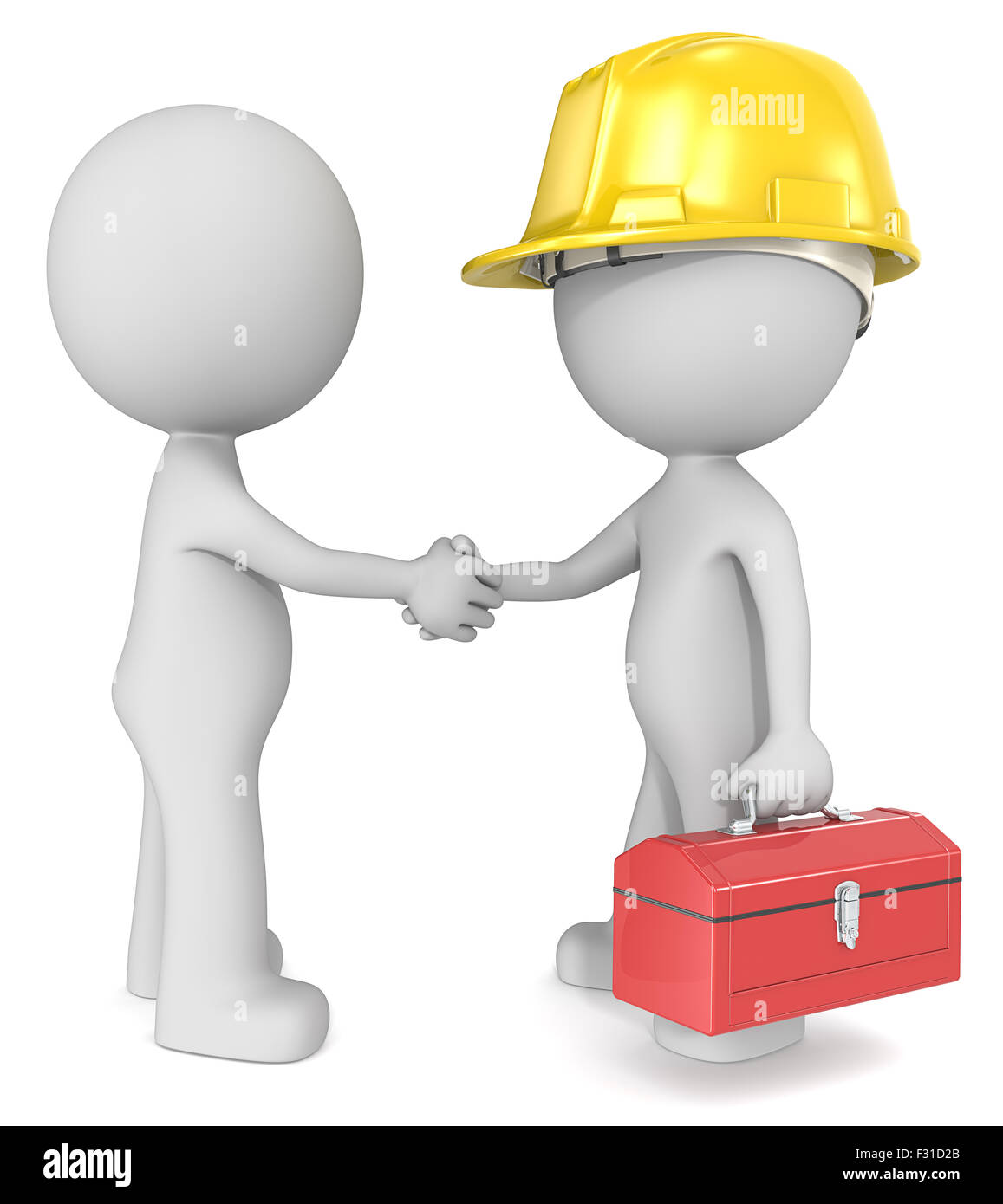 Dude personaggi 3D X2 si stringono la mano con il costruttore. Foto Stock