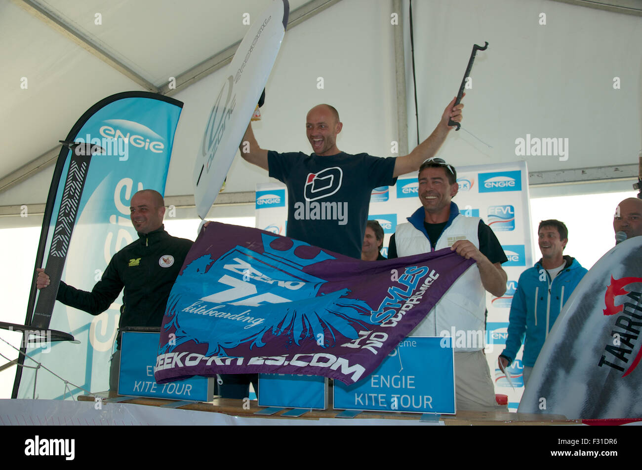 Perros-Guirec, Bretagne, Francia. Il 27 settembre, 2015. Maschio per veterani podio. Campione di Francia 2015 Benjamin Petit, Secondo Arnaud Troalen, 3a Sebastien Bourdon Credito: Luca Peters/Alamy Live News Foto Stock