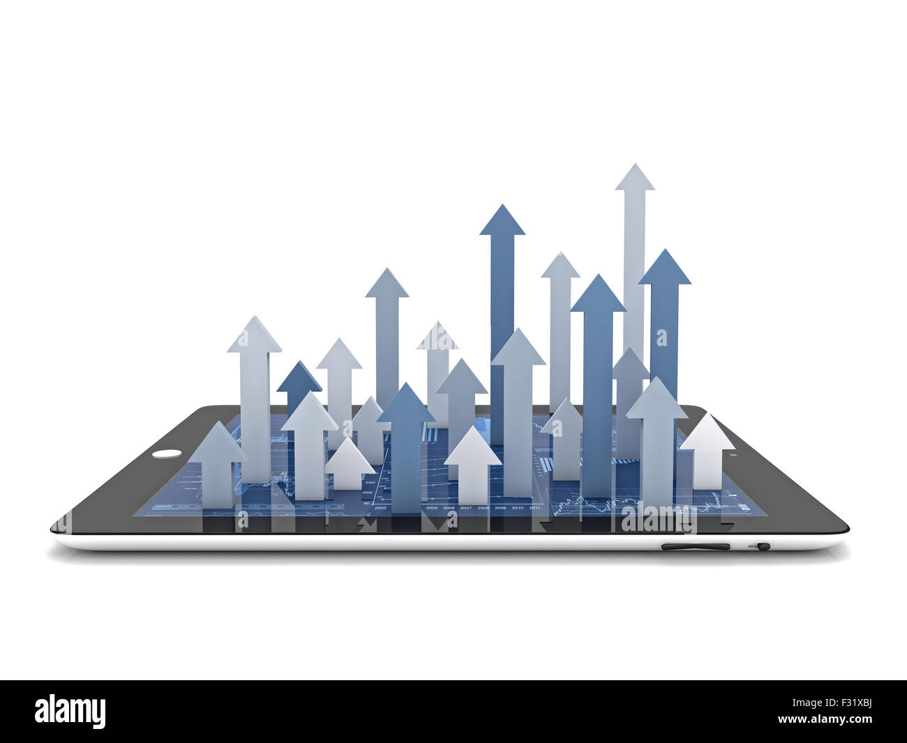 Tablet moderno 3d e crescente frecce su bianco Foto Stock