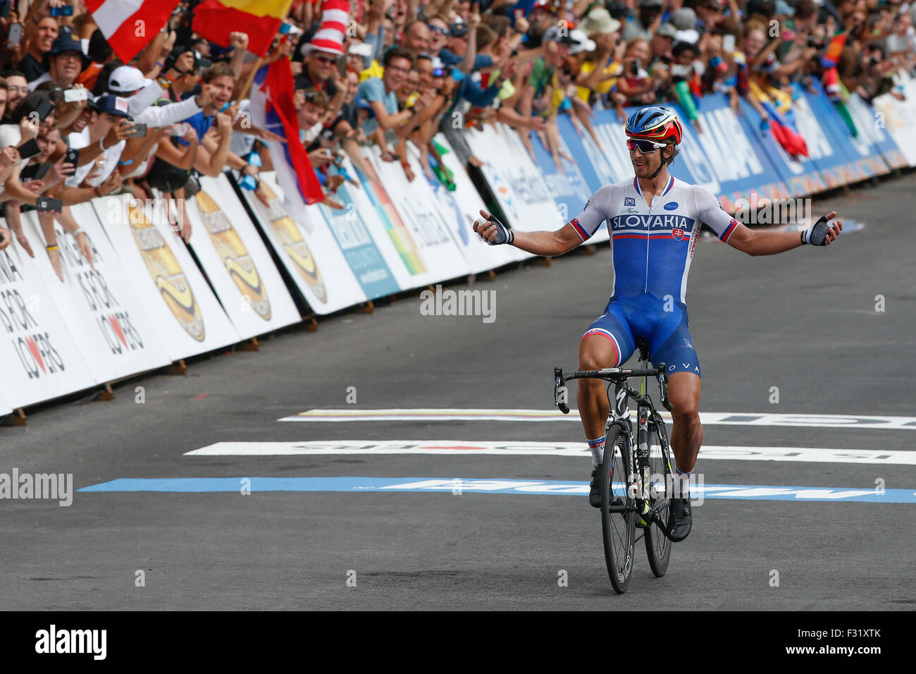 Ciclista slovacco Peter sagan vince il 2015 uci elite mondiale di ciclismo su strada i campionati di Richmond, Virginia. Foto Stock