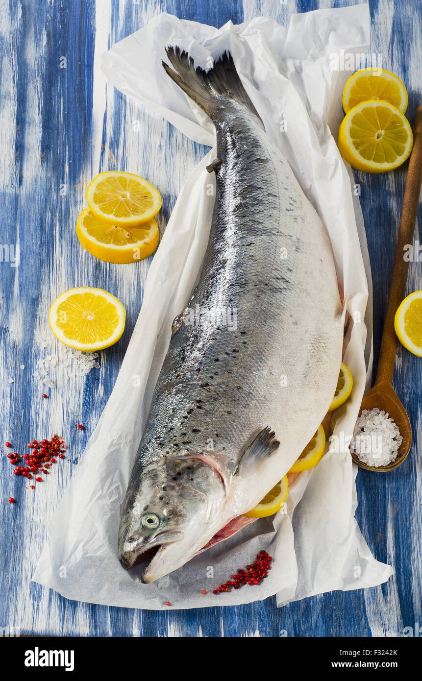 Pesce fresco di una carta con sale e fettine di limone Foto Stock