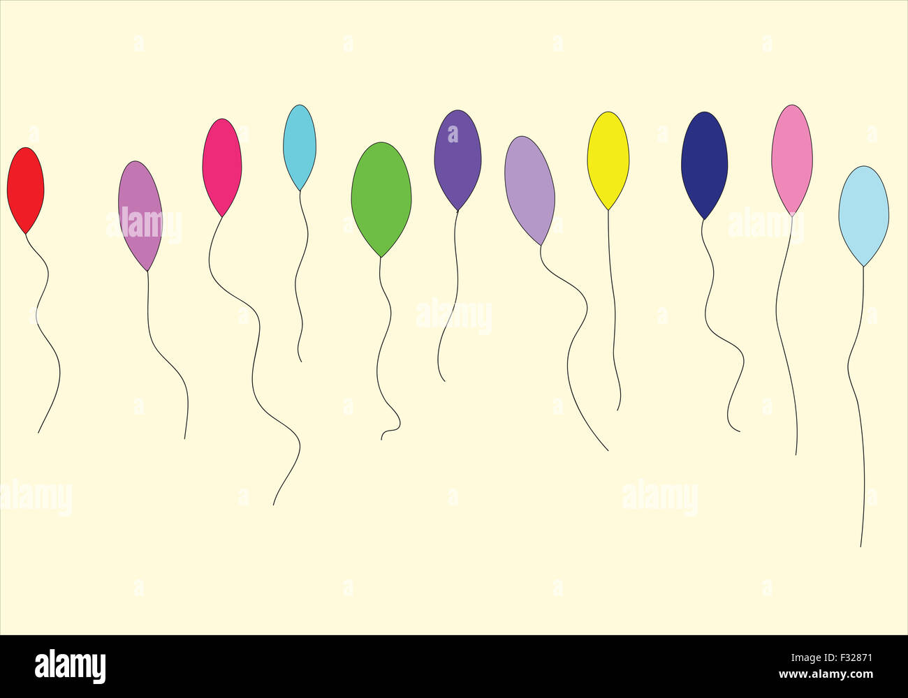 Undici palloncini colorati isolato su sfondo color crema Foto Stock