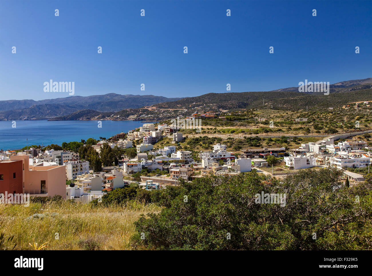 Vista aerea di Agios Nikolaos, sul lato est di Creta, Grecia. Foto Stock