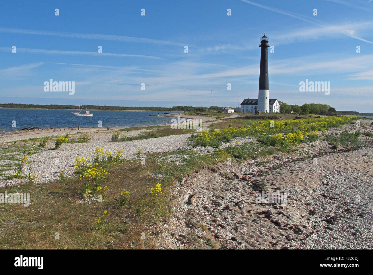 Vista della penisola costiera e del faro, Sorve Penisola, isola di Saaremaa, Saare County, Estonia, Giugno Foto Stock