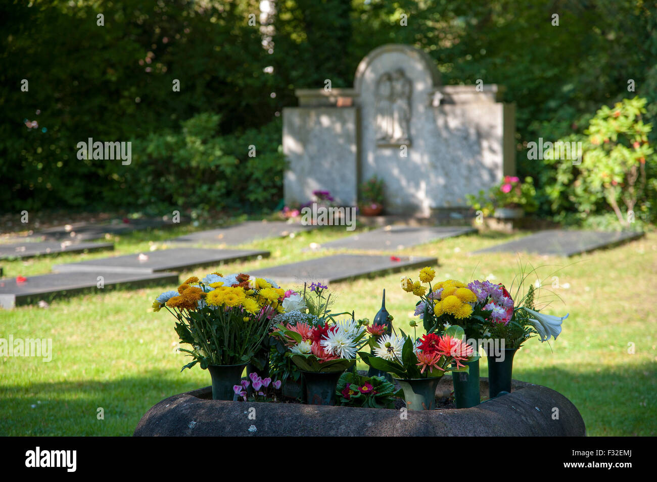 Tomba di pietra con i nomi dei morti, anonimo grave campo in erba nel cimitero di Dusseldorf-Heerdt, NRW, Germania Foto Stock