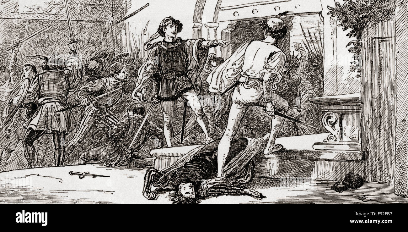 Una scena di William Shakespeare Romeo e Giulietta, Tybalt ucciso da Romeo. Atto 3, scena 1. Illustrazione da Gordon Browne. Foto Stock