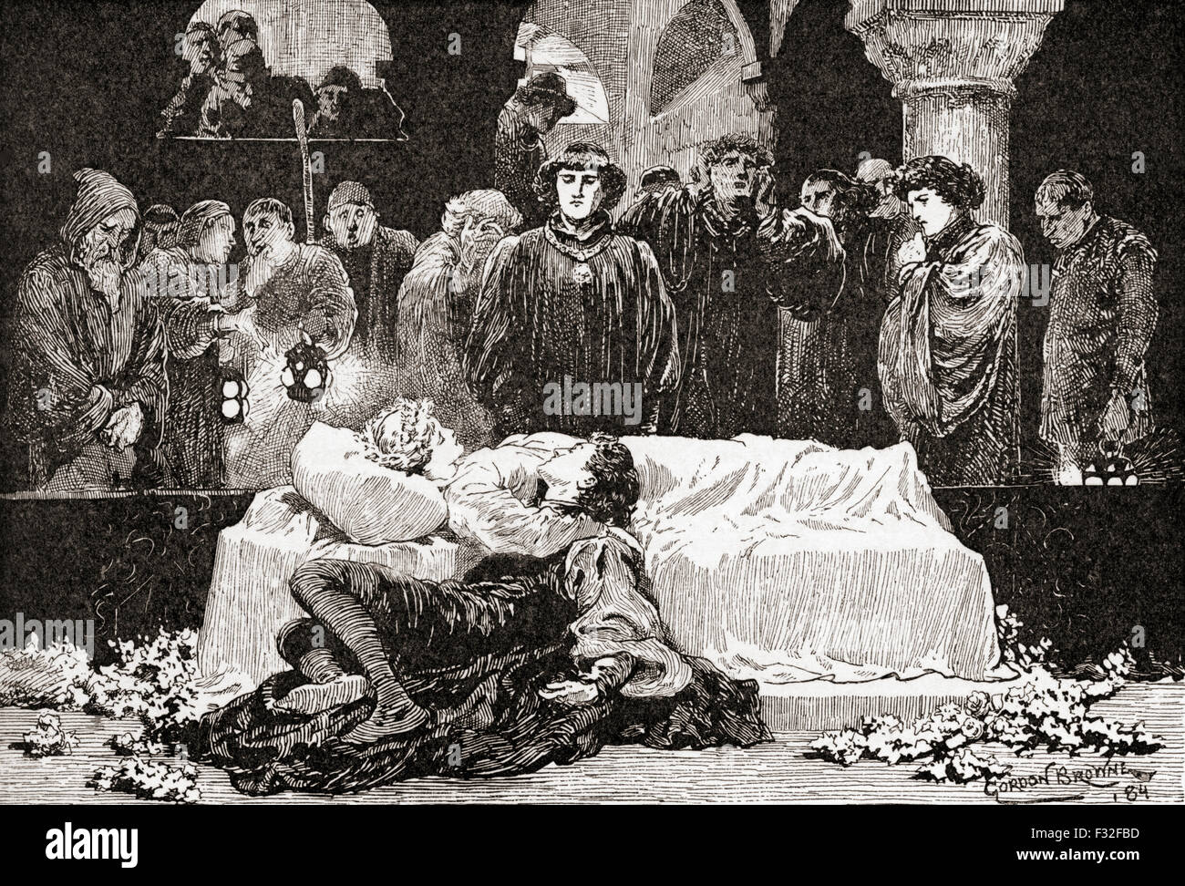 Una scena di William Shakespeare Romeo e Giulietta, Atto V, scena 3. Il principe: 'Per non è mai stata una storia di più guai di questa di Giulietta e del suo Romeo.' illustrazione da Gordon Browne. Foto Stock