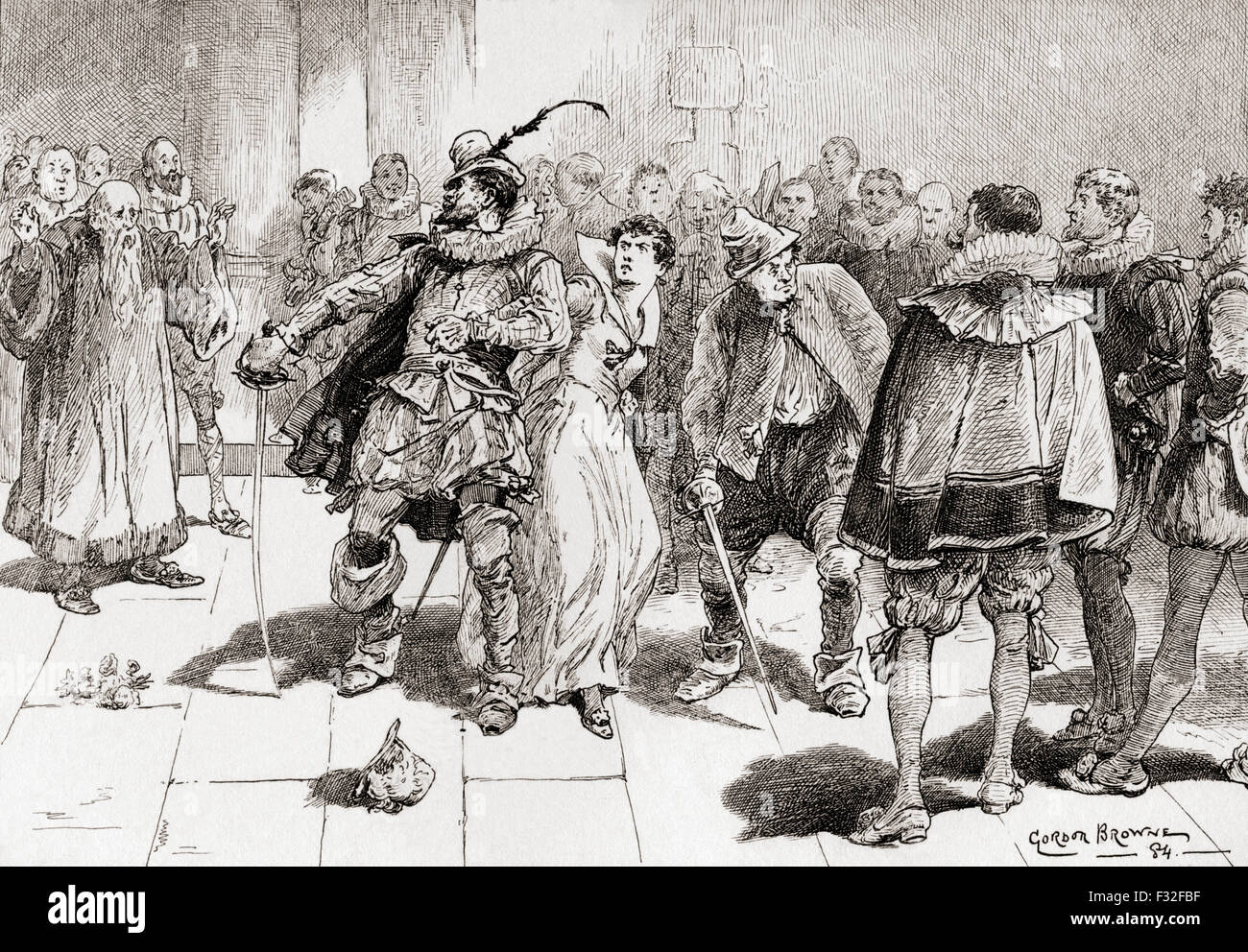 Una scena da William Shakespeare La bisbetica domata, atto III, scena 2. Petruchio: "Non temere, dolce chiavi, essi non devono toccare te Kate, io te scudo contro un milione.' illustrazione da Gordon Browne. Foto Stock