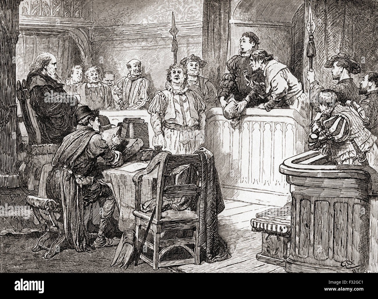 Una scena da William Shakespeare misura per misura, atto II, scena 1. Pompeo Bum: 'Doth il vostro onore vedere alcun danno nel suo volto?' illustrazione da Gordon Browne. Foto Stock