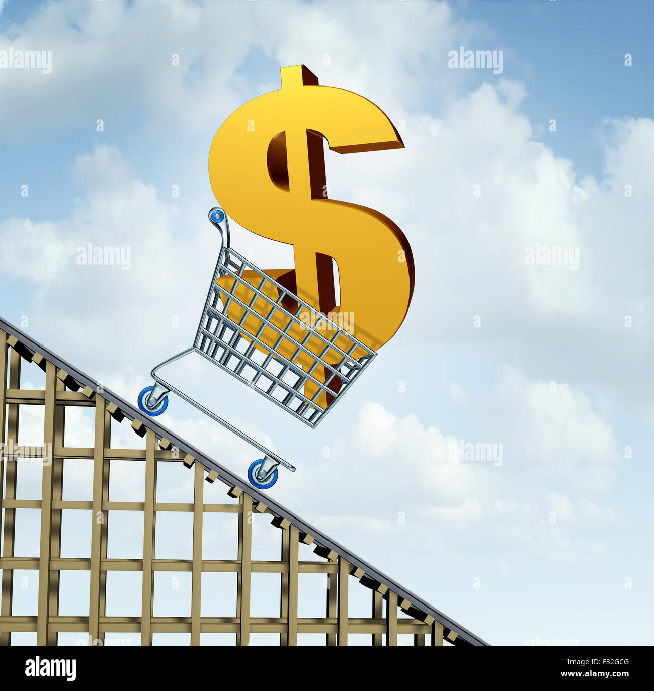 Dollar Cambio declino concetto finanziario come un tridimensionale soldi americani icona di un carrello andando verso il basso Foto Stock