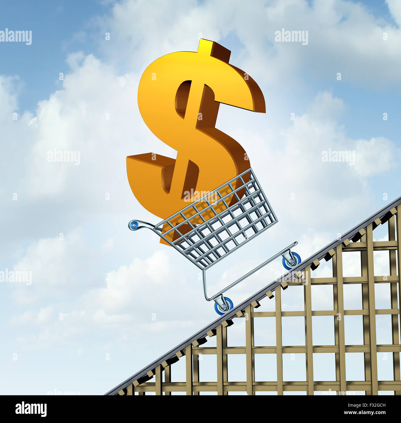 Dollar Cambio salita percorso finanziario nozione come un tridimensionale soldi americani icona di un carrello di andare fino a roller coaster come un simbolo economico per una ripida guadagno percentuale in canadese e australiano di denaro. Foto Stock