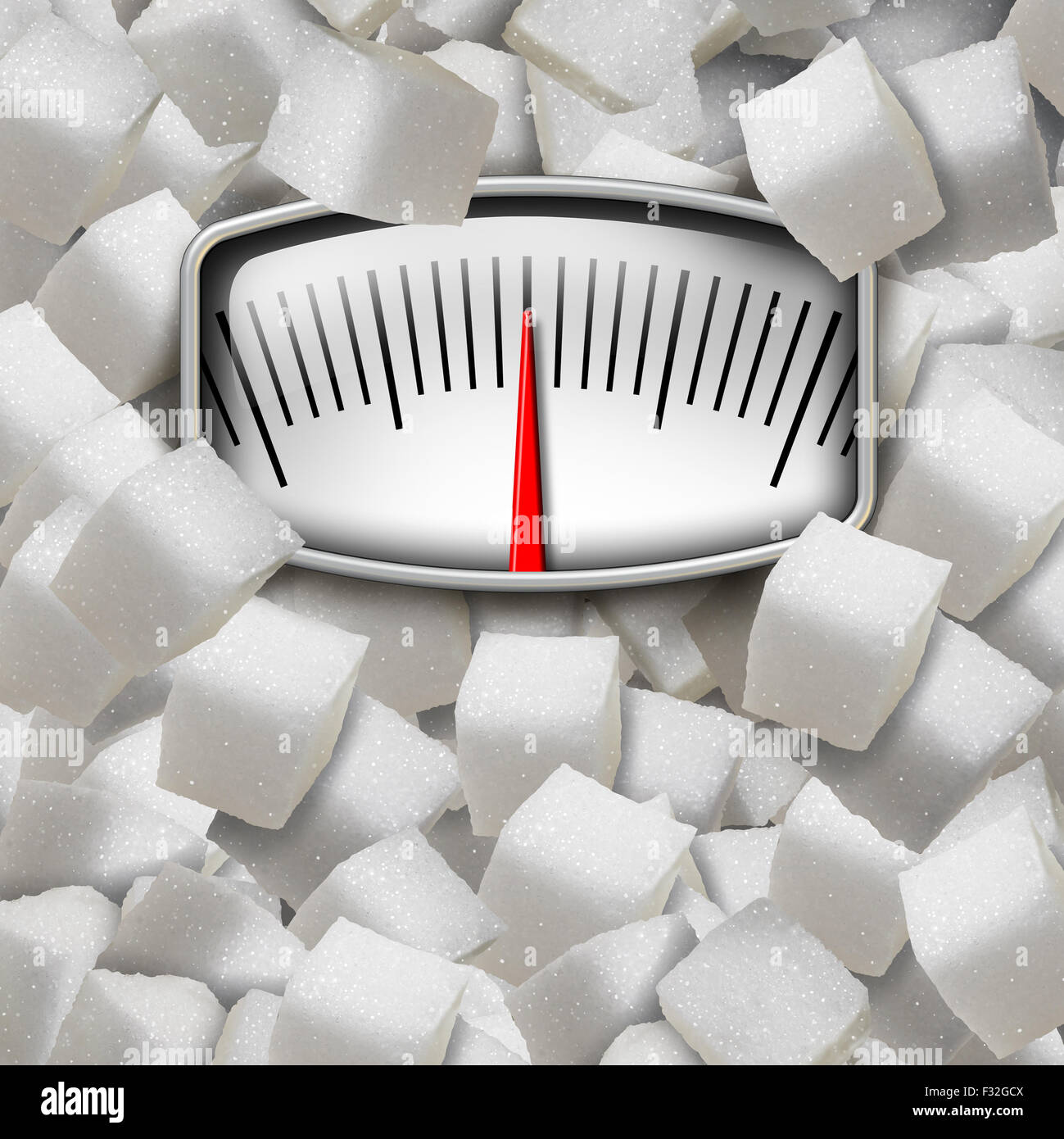 Mangiare il concetto di zucchero come un peso scala fatta dal raffinato cubetti zuccherini come una dieta per il fitness e il simbolo di nutrizione per la salute i problemi di rischio di consumare troppa edulcorante nella dieta umana. Foto Stock