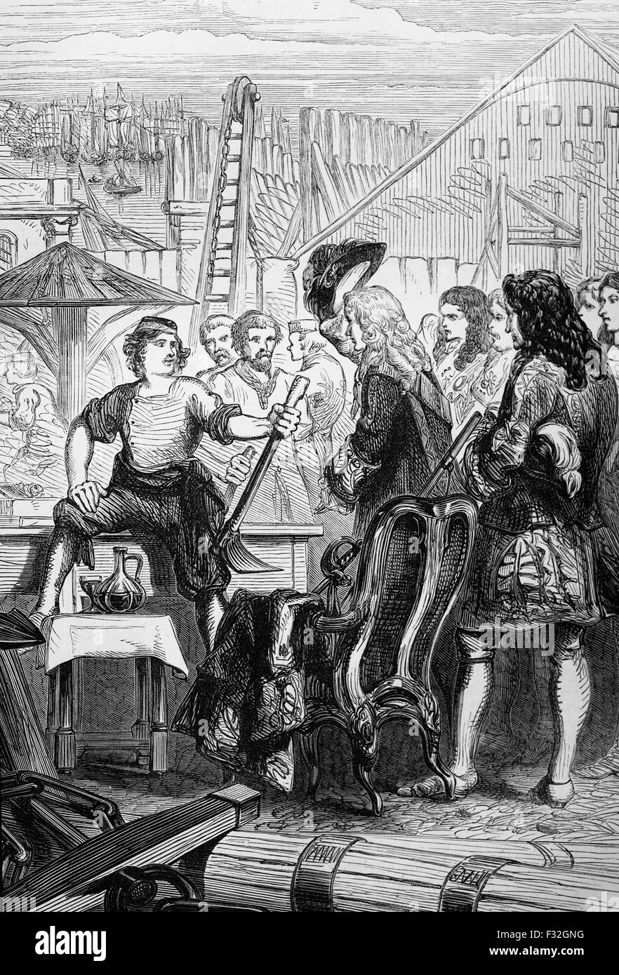 Pietro il Grande in un cantiere navale britannica nel gennaio 1698. Era arrivato in Inghilterra da Holland, determinato per studiare la precisione matematica di Inghilterra del superior le tecniche di costruzione navale. Foto Stock