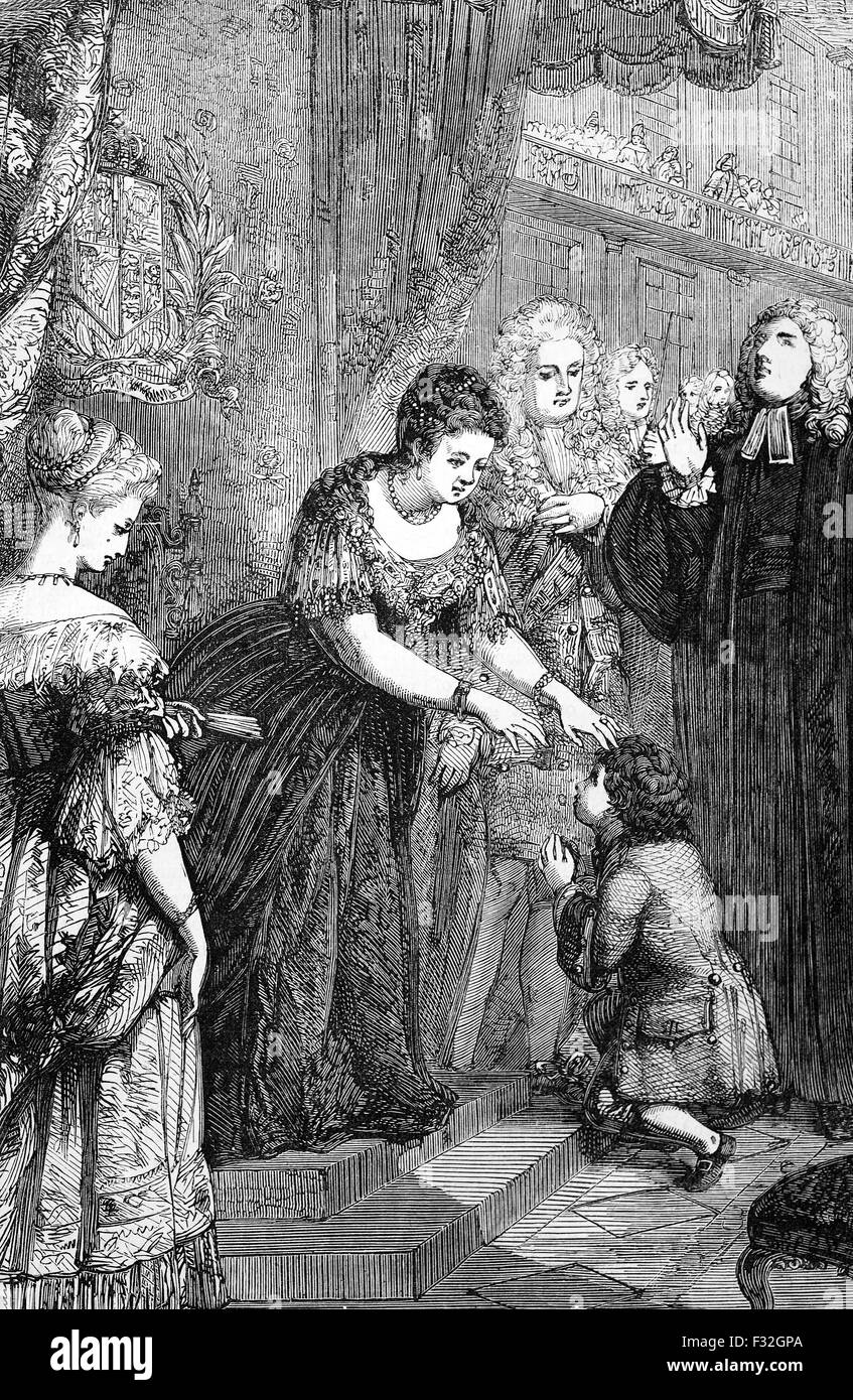Il giovane Samuel Johnson riceve il 'tocco reale' dalla Regina Anna il 30 marzo 1712 al St James's Palace. Aveva contratto quello che si ritiene essere la scrofola, essenzialmente la tubercolosi delle ossa e delle ghiandole linfatiche, specialmente nei bambini. Conosciuto a quel tempo come il "Male del Re" si credeva che il tocco del sovrano potesse fare una cura. Foto Stock