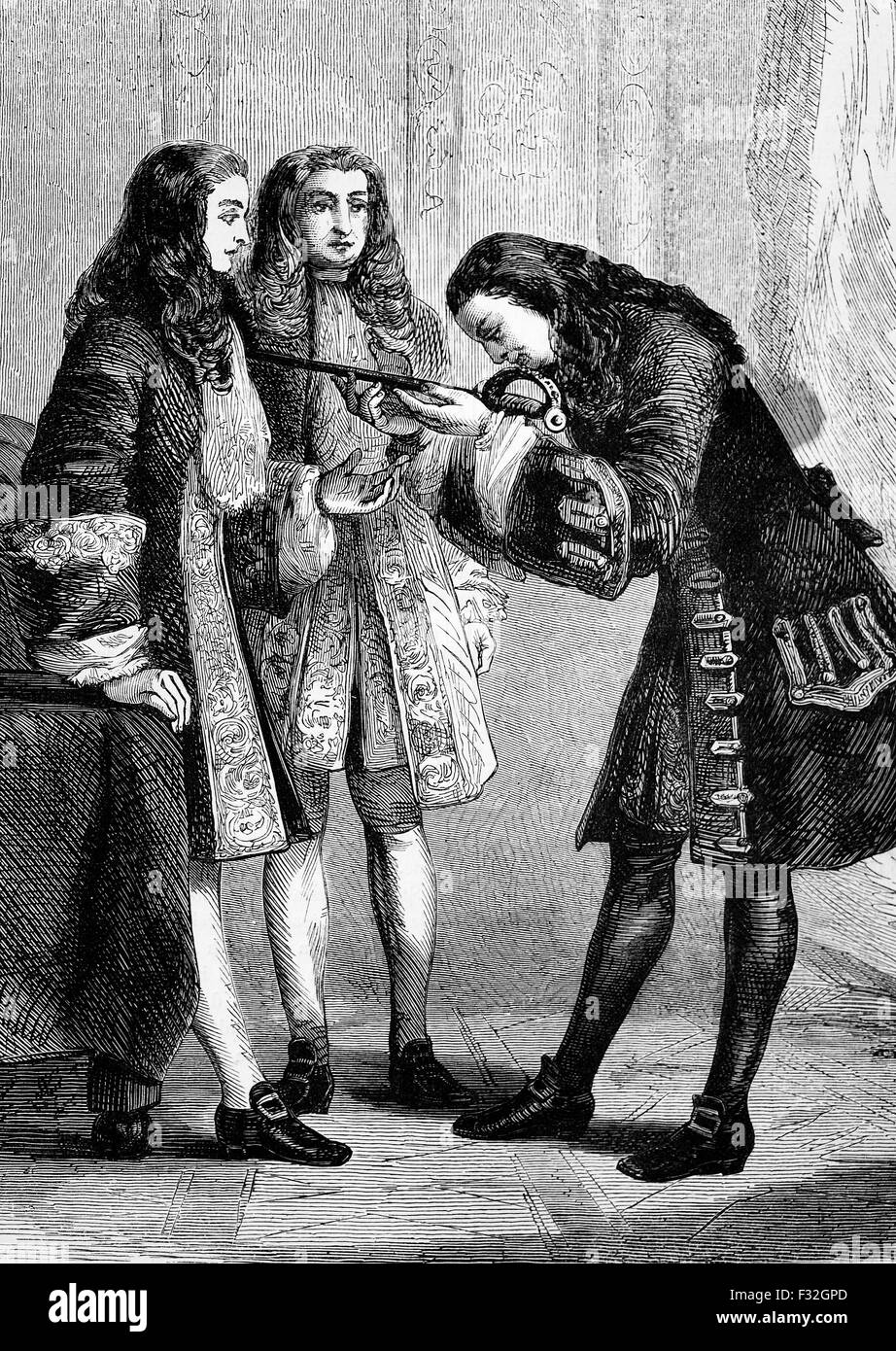 Dopo la morte di Carlo II di Spagna, nel 1700, l'Arciduca Carlo si è dichiarato Re di Spagna. Egli è stato sostenuto da Inghilterra e qui egli presenta la sua spada al primo Duca di Marlborough nel 1703. Foto Stock