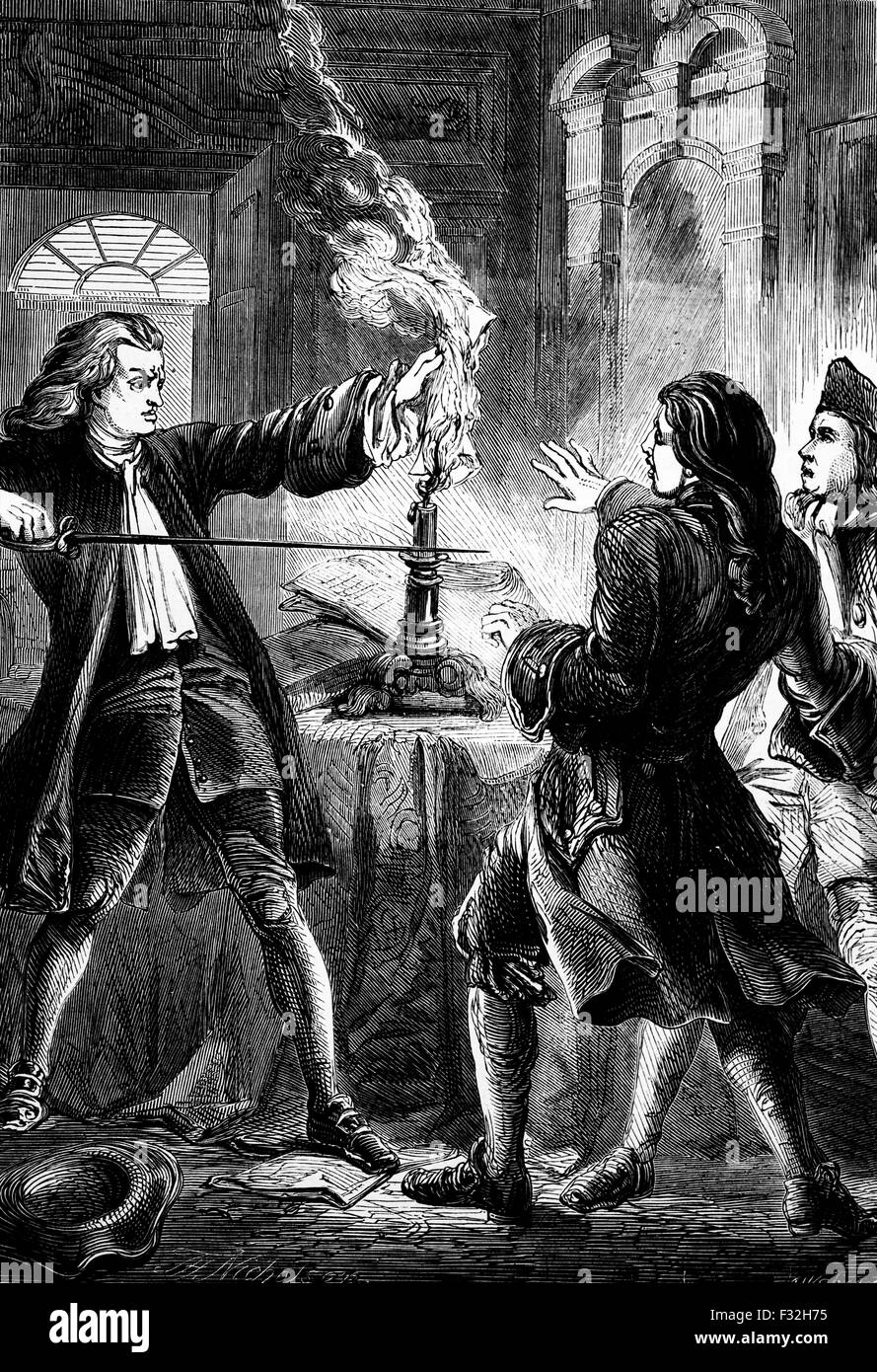 George Kelly, un ecclesiastico irlandese, distruggendo treasonable carte nel 1722 dopo che è stato scoperto che i giacobiti erano impegnati in una nuova congiura dal vecchio pretendente contro il governo. Foto Stock
